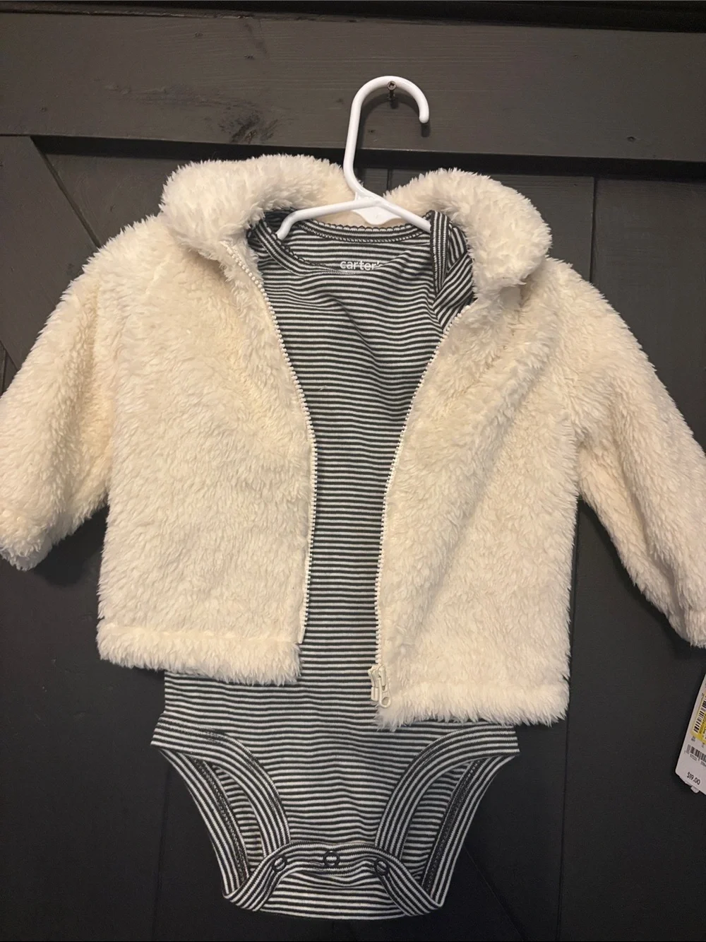 Carter's Cream Sherpa Jacket with Navy Floral Leggings and Striped Bodysuit